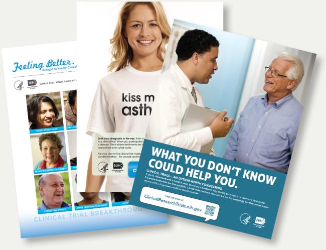 Promotional posters for clinical trials spread out in a fan