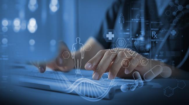 Doctor using digital tablet and laptop computer with medical technology overlay