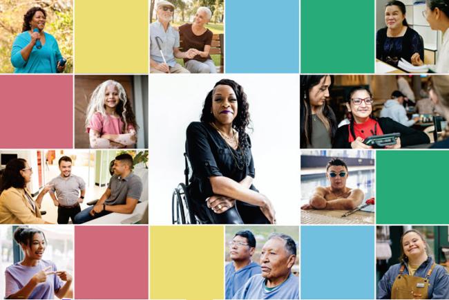 Collage of colored boxes and people of various ages and ethnicities, including a woman in a wheelchair at the center, representing individuals with visible and invisible disabilities. 