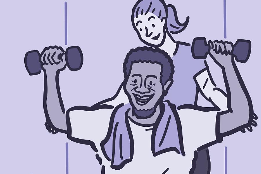 Illustration of a man lifting weights with a personal trainer